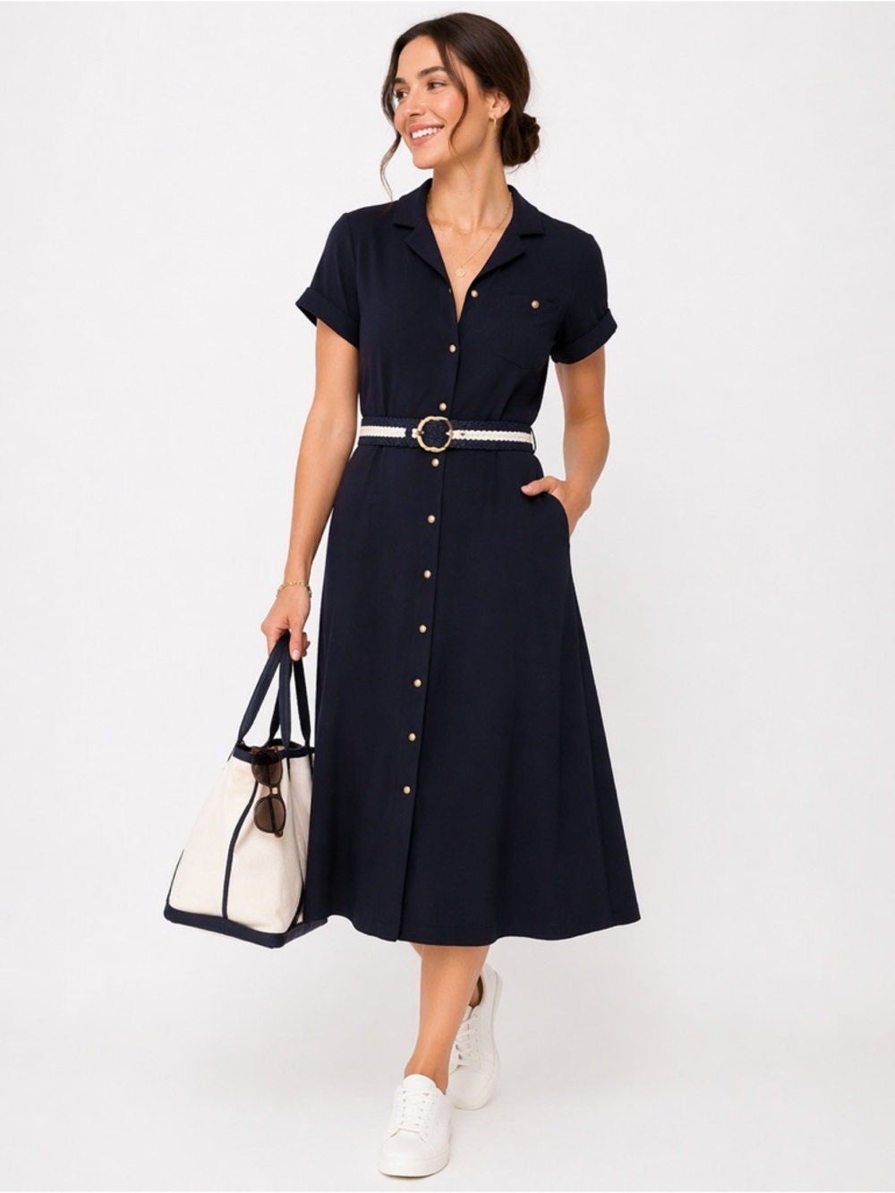 Talbots Petites Shirt Dress‎ Sz 4P Button Front Midi Short Sleeve Work Classic